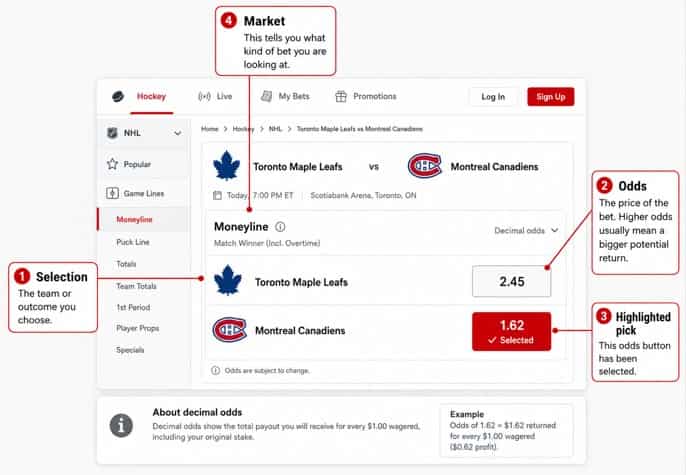 Annotated sportsbook odds screen showing a hockey moneyline market, decimal odds buttons and a highlighted selected pick.