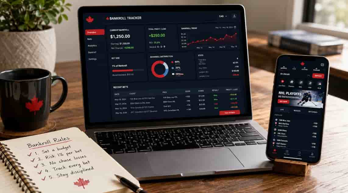 Laptop showing a bankroll tracker beside a sportsbook phone screen and handwritten bankroll rules for setting a budget, risking one percent per bet and tracking every wager.